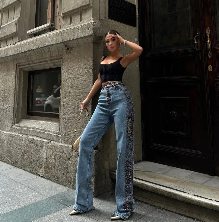 High-Waisted Jeans Leopard Print Patchwork Washed Blue Straight-Leg Pants.W-240520-5