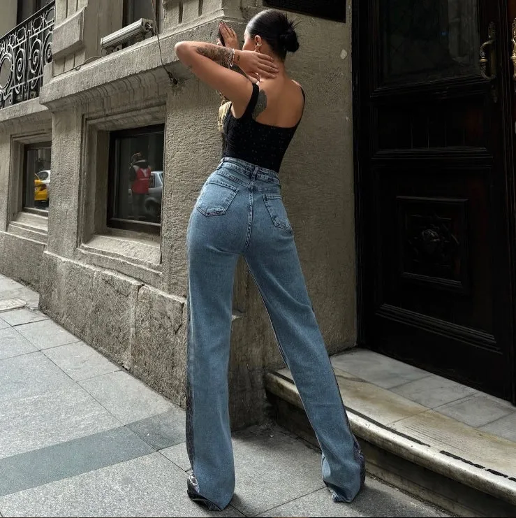High-Waisted Jeans Leopard Print Patchwork Washed Blue Straight-Leg Pants.W-240520-5