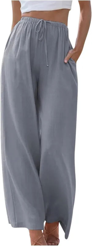 High Waisted Linen Pants for Women Dressy Casual 2025 Drawstring Wide Leg Flowy Pant Summer Beach Trousers