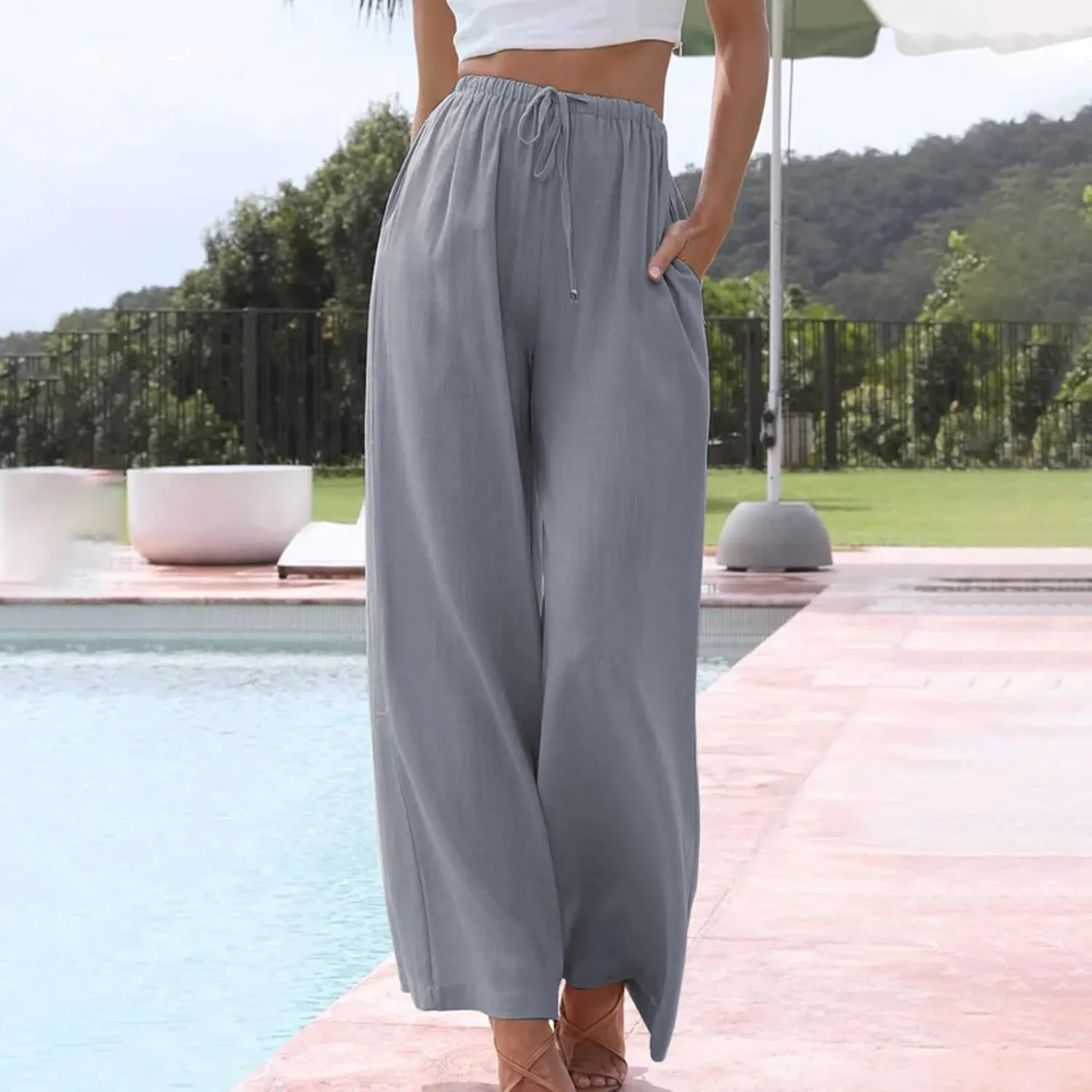 High Waisted Linen Pants for Women Dressy Casual 2025 Drawstring Wide Leg Flowy Pant Summer Beach Trousers