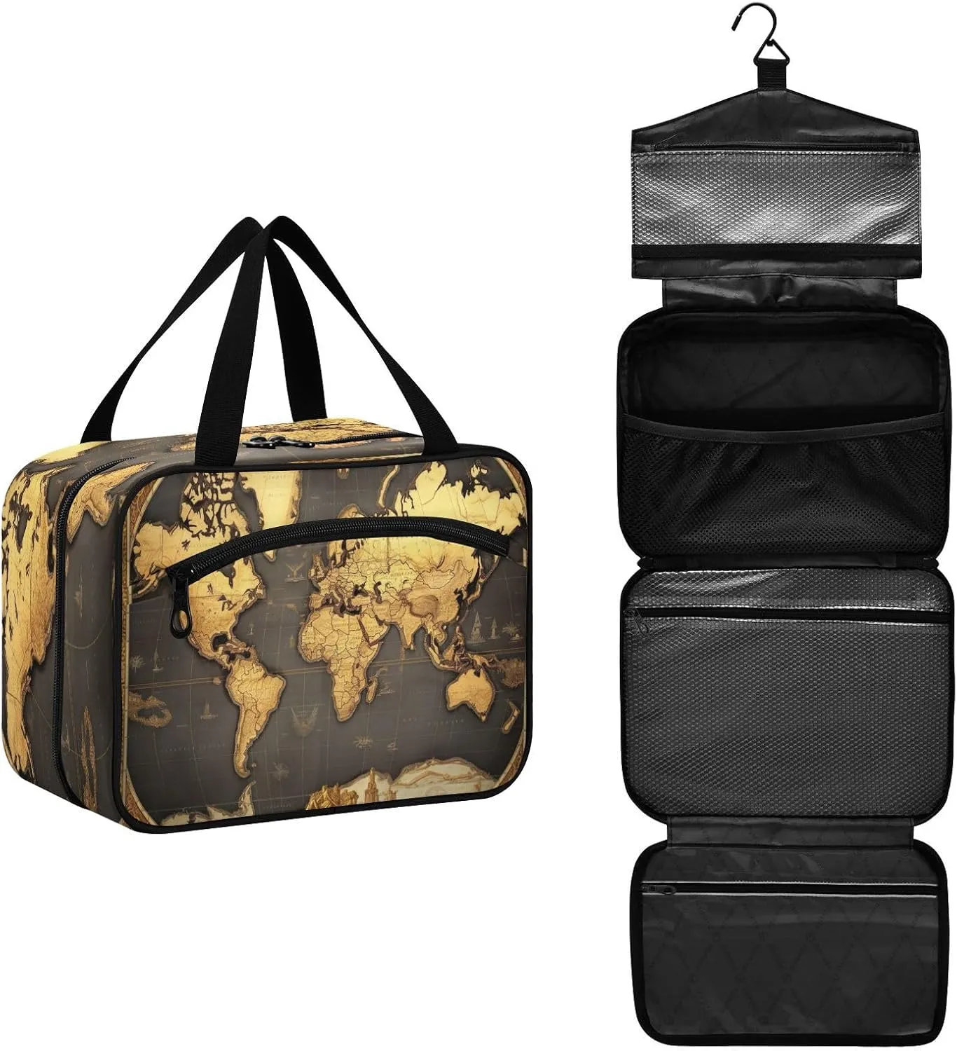 Historic World Map Toiletry Bag, Large Waterproof Hanging Travel Makeup Organizer Bag, Portable Travel Cosmetic Bag with Handle for Women and Men, Large