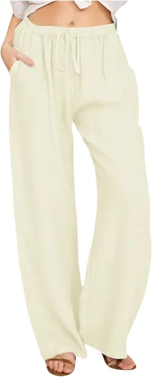 hlysgo Cotton Linen Pants Women High Waist Drawstring Wide Leg Casual Pants 2025 Summer Loose Comfy Beach Pants with Pockets