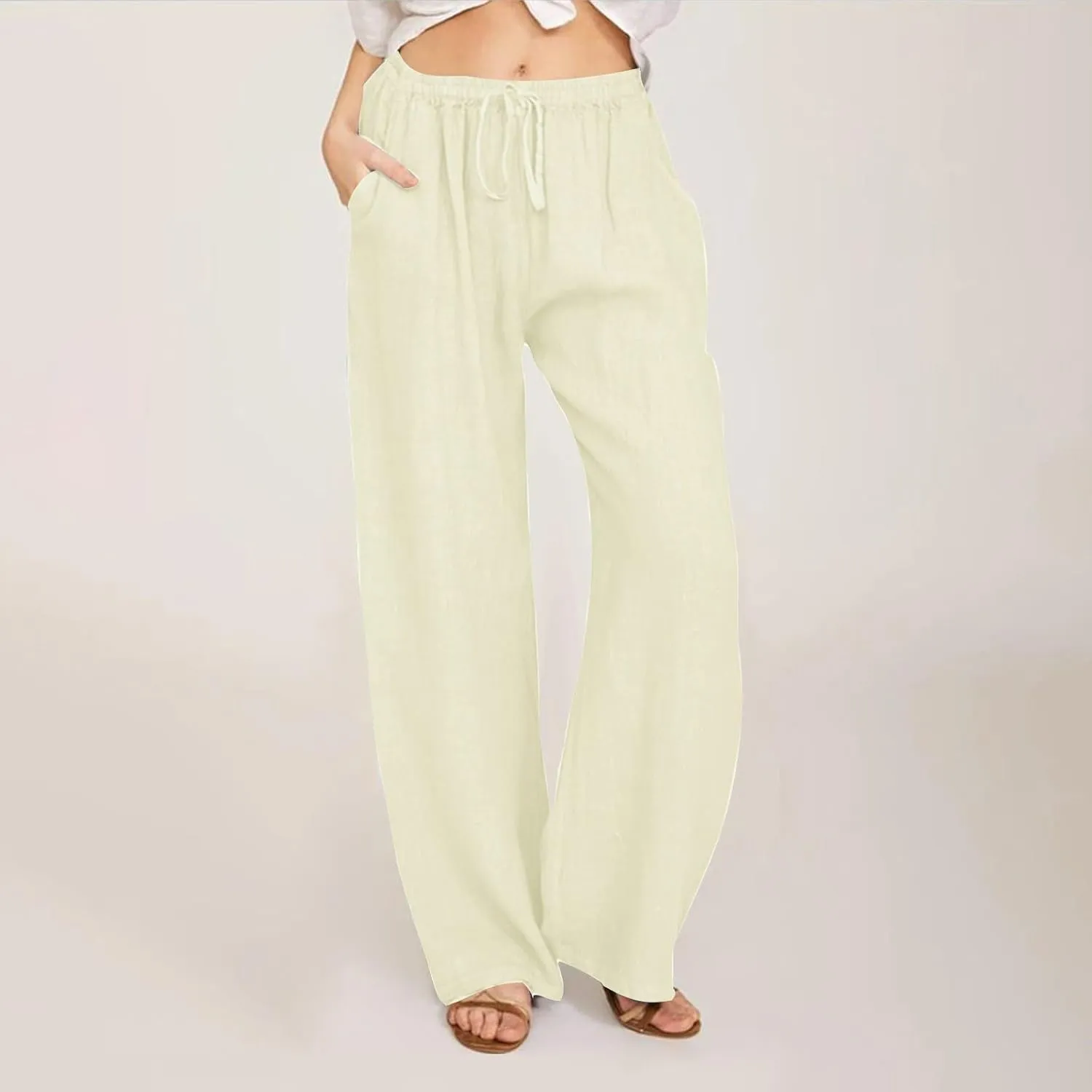 hlysgo Cotton Linen Pants Women High Waist Drawstring Wide Leg Casual Pants 2025 Summer Loose Comfy Beach Pants with Pockets
