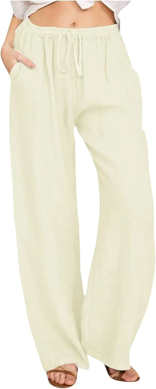 hlysgo Cotton Linen Pants Women High Waist Drawstring Wide Leg Casual Pants 2025 Summer Loose Comfy Beach Pants with Pockets