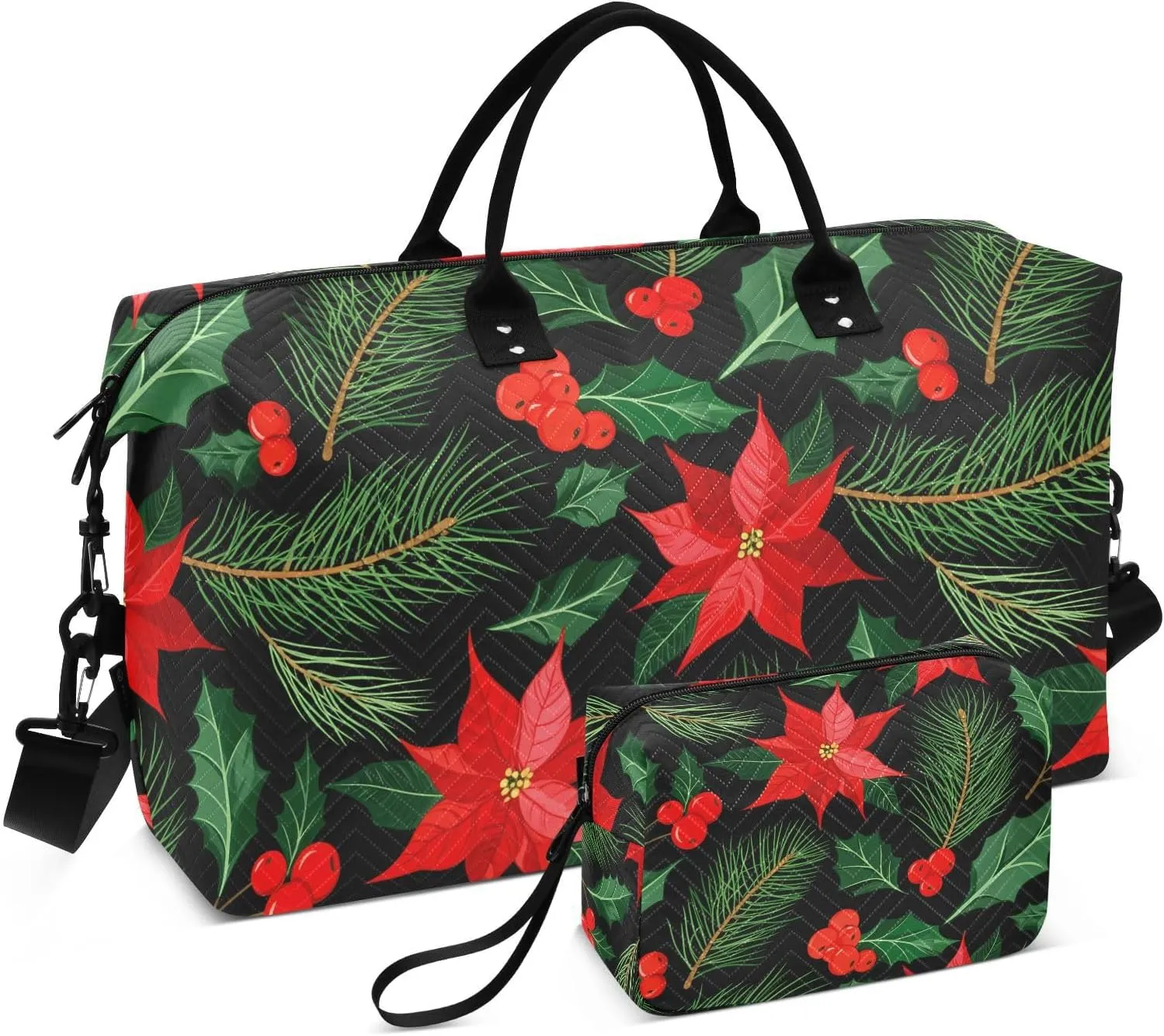 Holly Pine Berries Black Sports Gym Bag for Women Men Travel Duffel Bag Weekend Overnight Carry on Bag with Toiletry Bag Air Travel Bag for Yoga Workout Swimming Hospital Plane