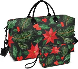 Holly Pine Berries Black Sports Gym Bag for Women Men Travel Duffel Bag Weekend Overnight Carry on Bag with Toiletry Bag Air Travel Bag for Yoga Workout Swimming Hospital Plane