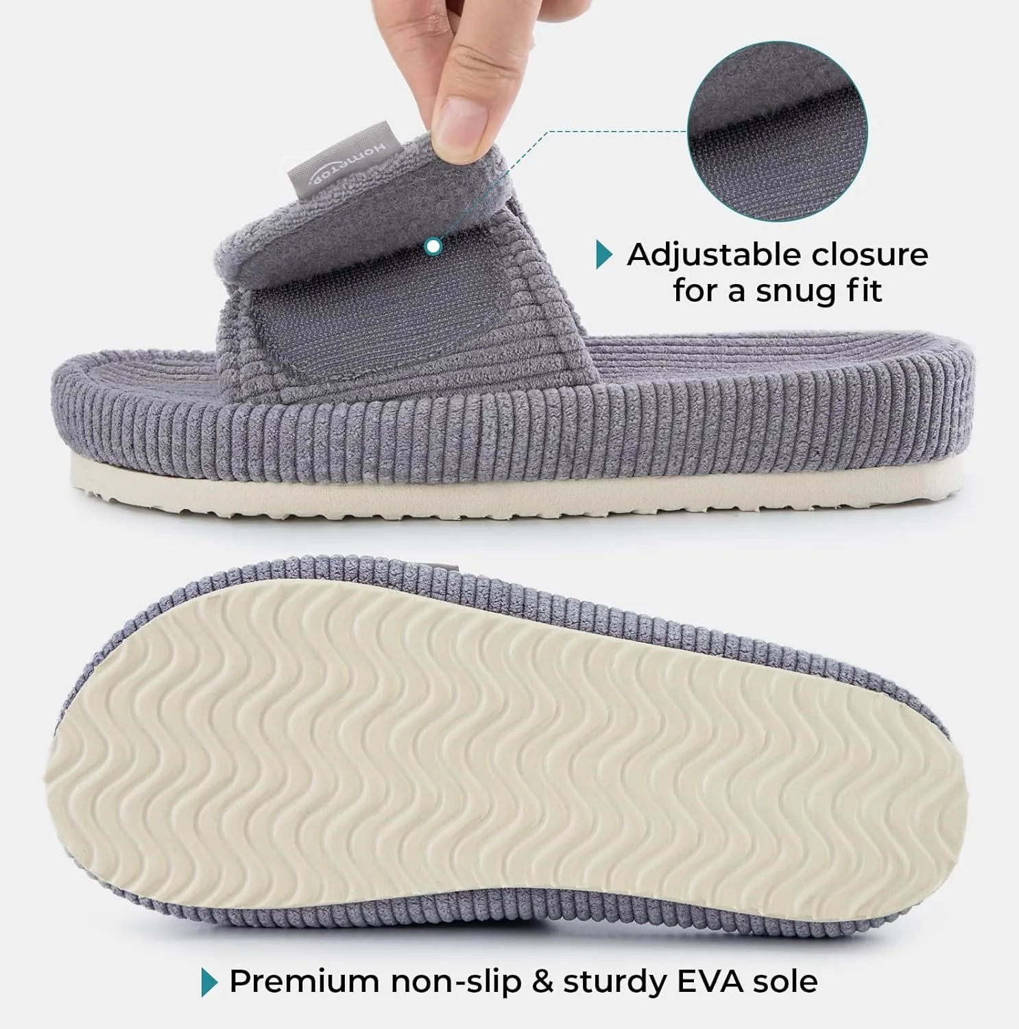 HomeTop Women's Corduroy Open Toe Slippers with Adjustable Closure Memory Foam