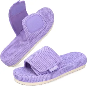 HomeTop Women's Corduroy Open Toe Slippers with Adjustable Closure Memory Foam