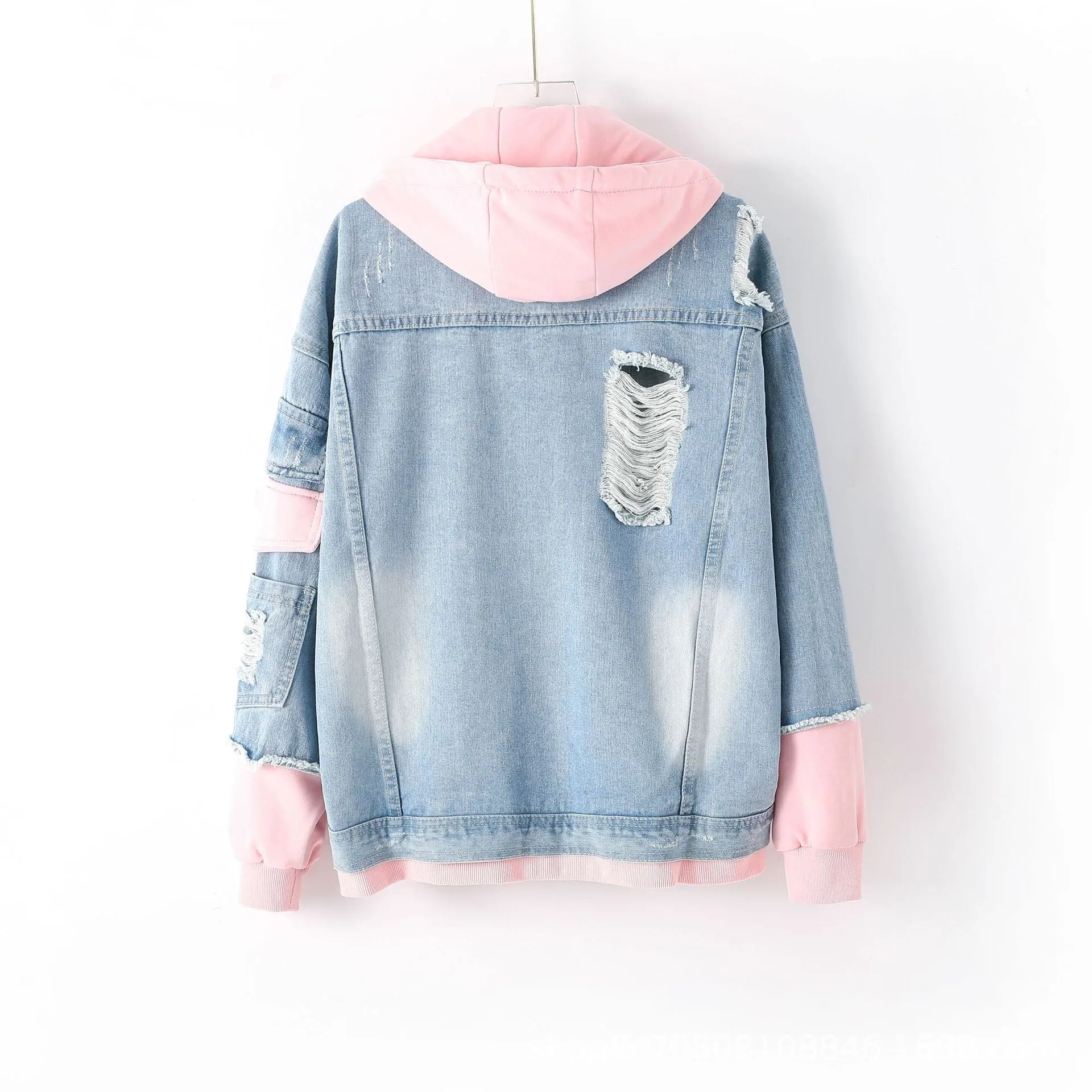 Hooded Denim Jacket Women Hooded Patchwork Denim Jacket