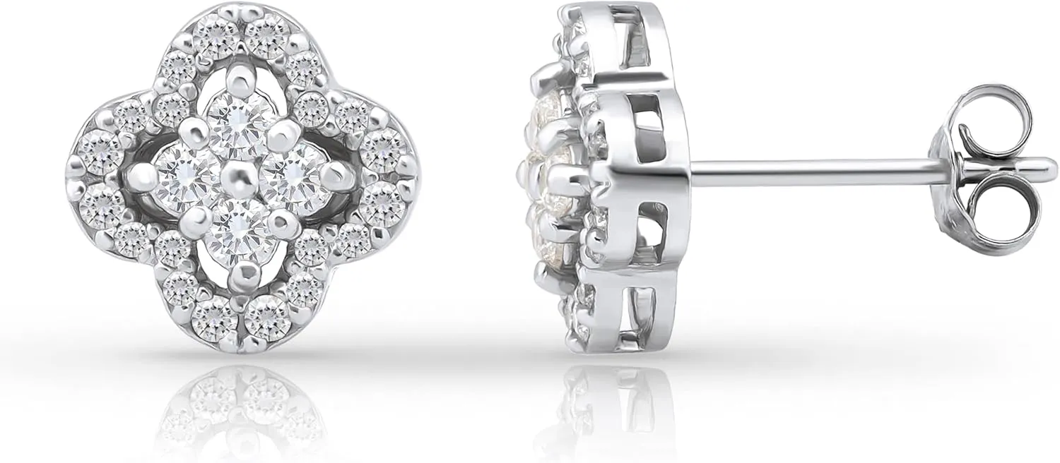 Hoops & Loops 925 Sterling Silver Cubic Zirconia Four Leaf Clover Dainty Stud Earrings for Women