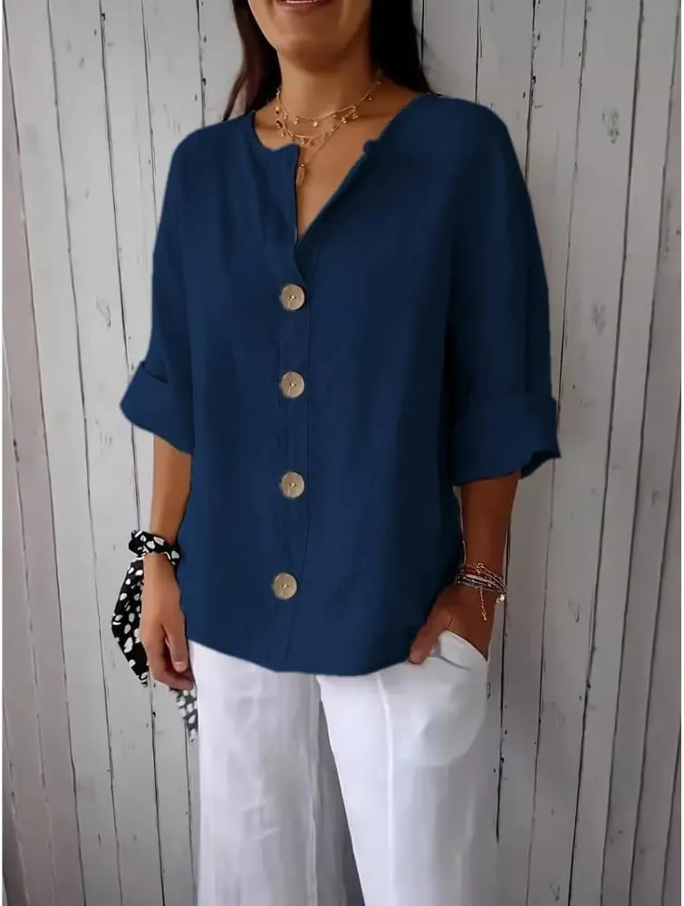 HOTYD Womens 3/4 Sleeve Linen Shirts Button V Neck Cotton Blouses Dressy Casual Solid Henley Shirts Loose Fit Summer Tops