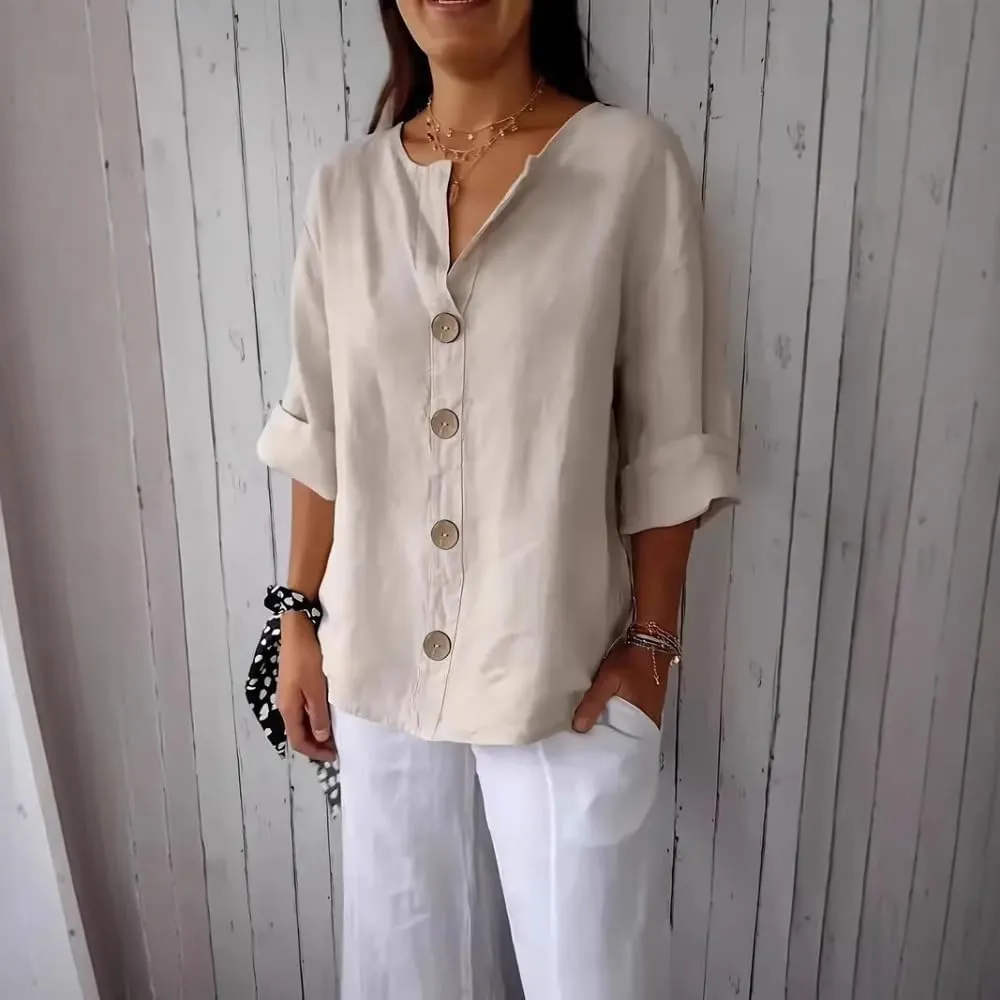 HOTYD Womens 3/4 Sleeve Linen Shirts Button V Neck Cotton Blouses Dressy Casual Solid Henley Shirts Loose Fit Summer Tops