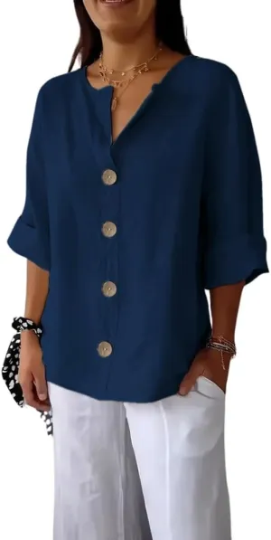 HOTYD Womens 3/4 Sleeve Linen Shirts Button V Neck Cotton Blouses Dressy Casual Solid Henley Shirts Loose Fit Summer Tops