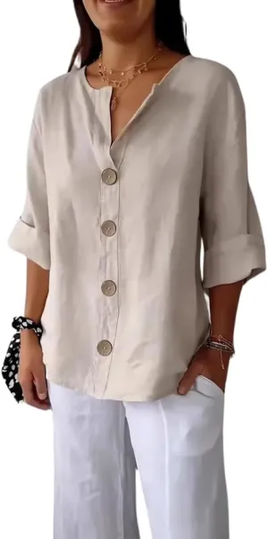 HOTYD Womens 3/4 Sleeve Linen Shirts Button V Neck Cotton Blouses Dressy Casual Solid Henley Shirts Loose Fit Summer Tops