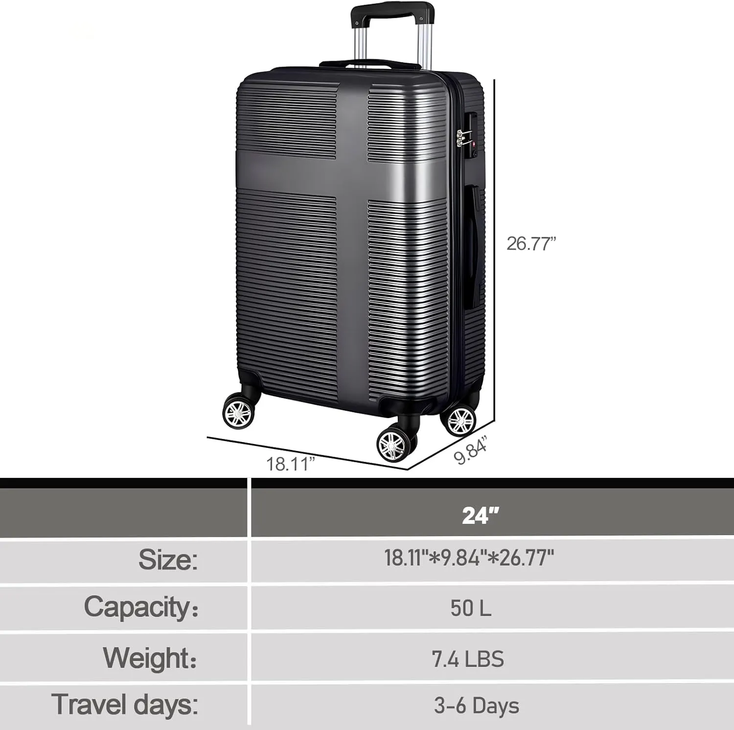 HOUAGI 24 Inch Luggage with Spinner Wheels,Lightweight Hard Shell Suitcase Checked luggage,Black