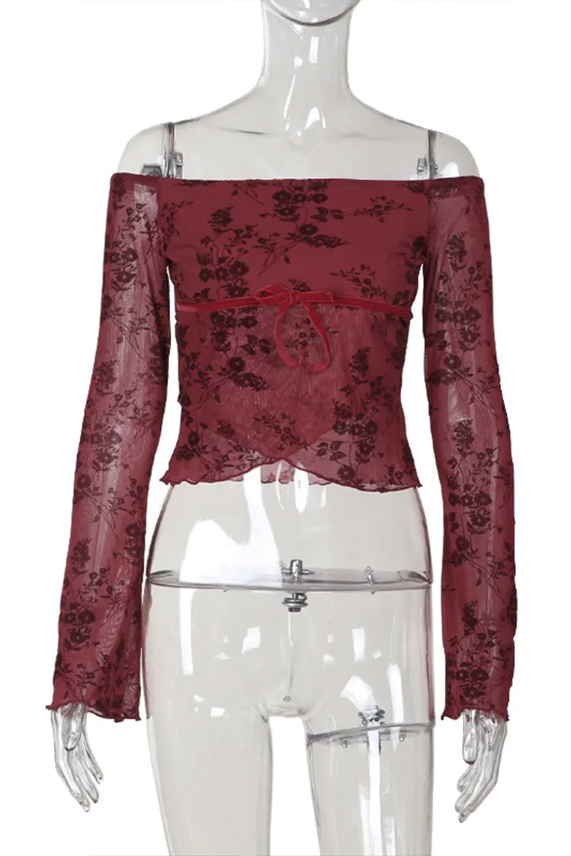 HTQ1369 Off-shoulder mesh printed long sleeve top