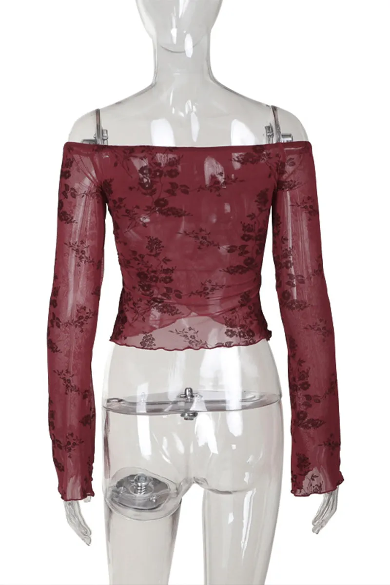 HTQ1369 Off-shoulder mesh printed long sleeve top