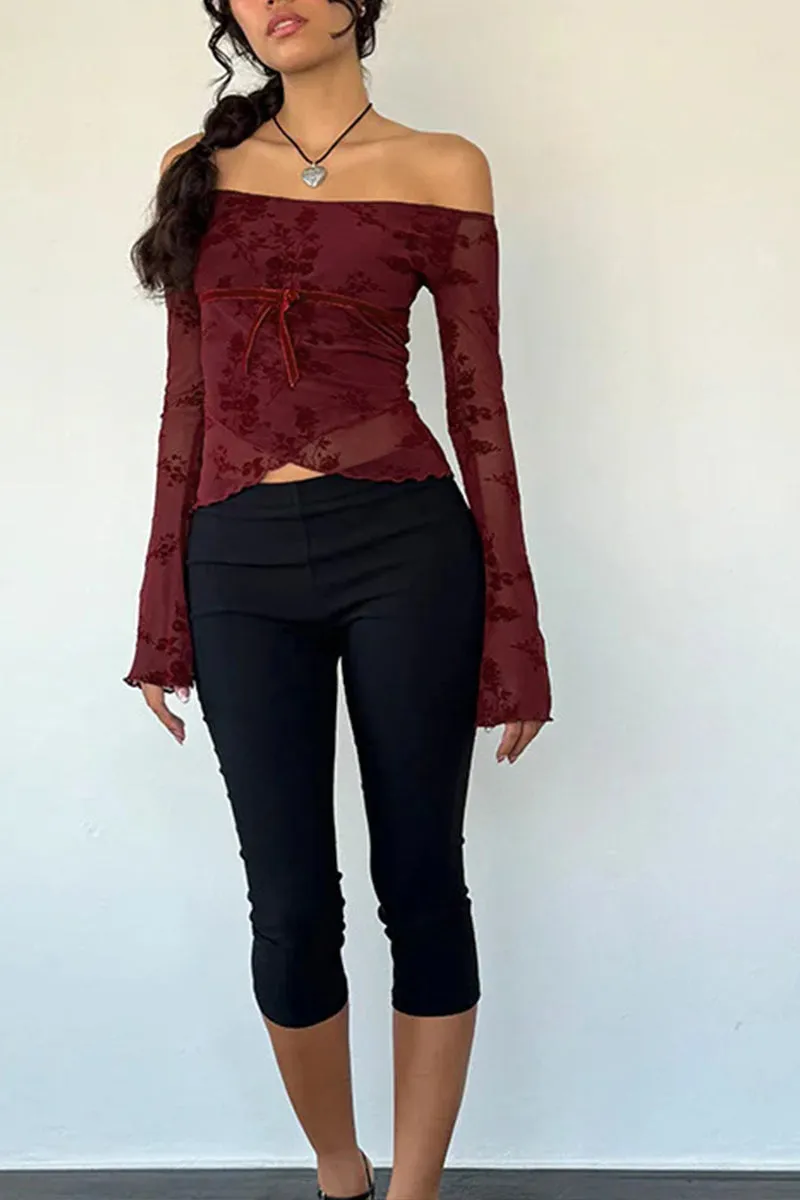 HTQ1369 Off-shoulder mesh printed long sleeve top