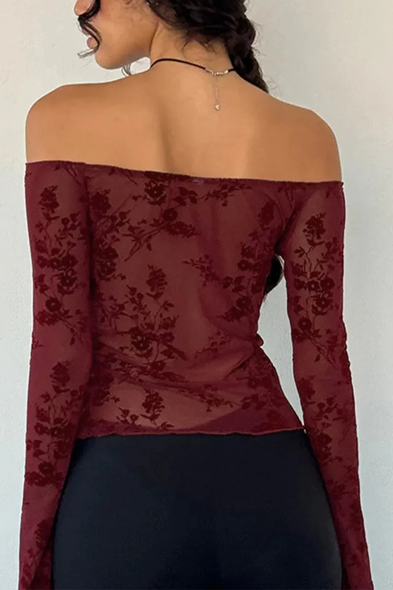HTQ1369 Off-shoulder mesh printed long sleeve top
