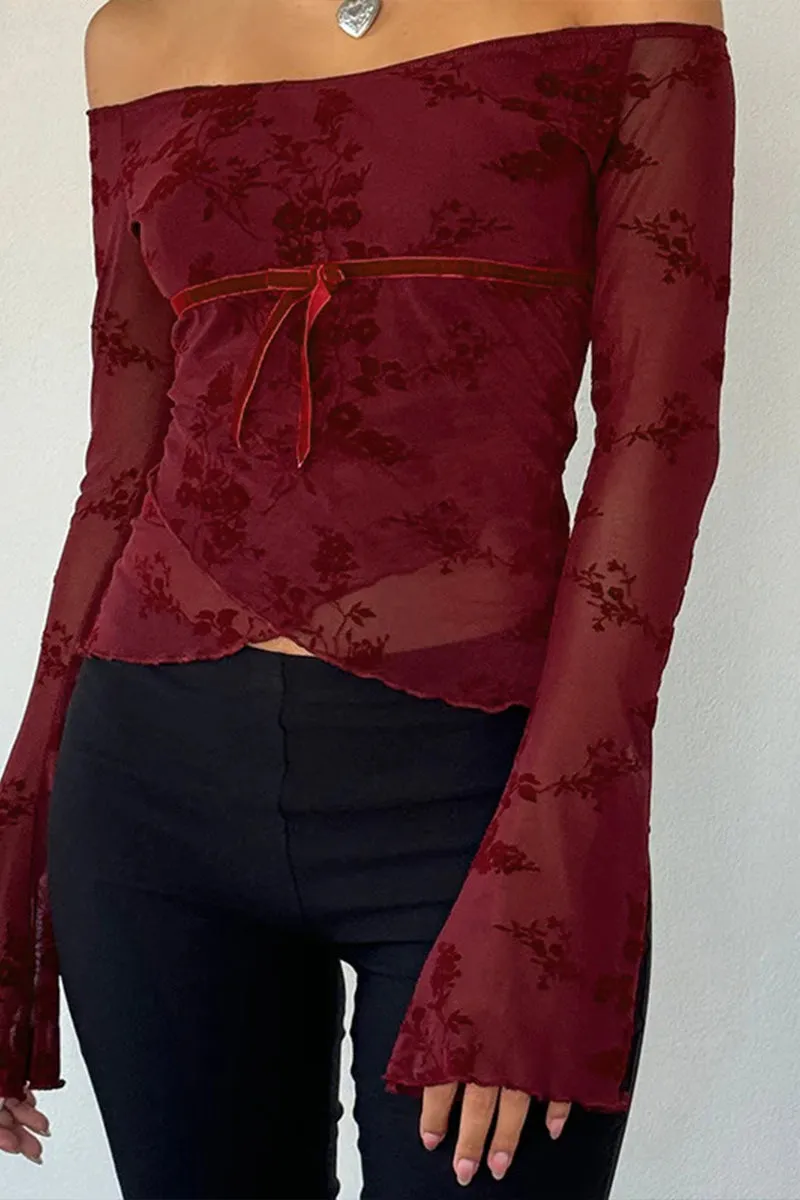 HTQ1369 Off-shoulder mesh printed long sleeve top