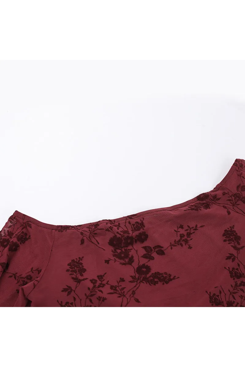 HTQ1369 Off-shoulder mesh printed long sleeve top