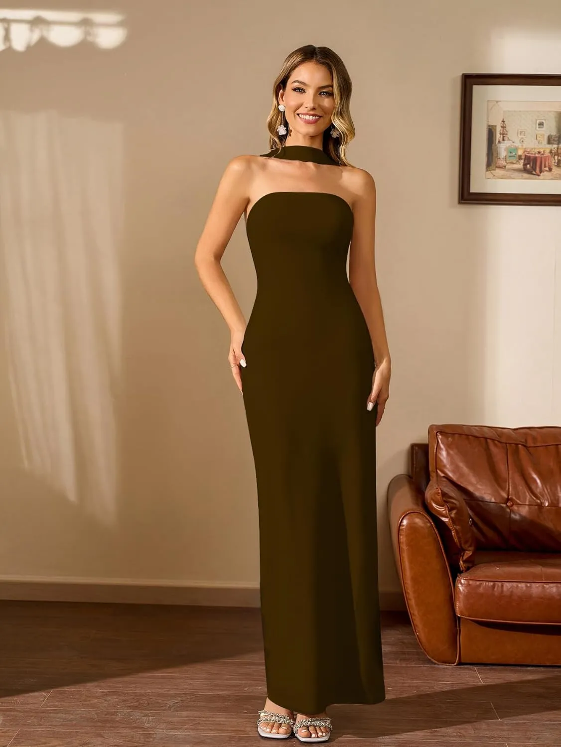 HTZMO Women Elegant Summer Bodycon Maxi Dress Halter Neck Formal Wedding Guest Cocktail Party Long Dresses