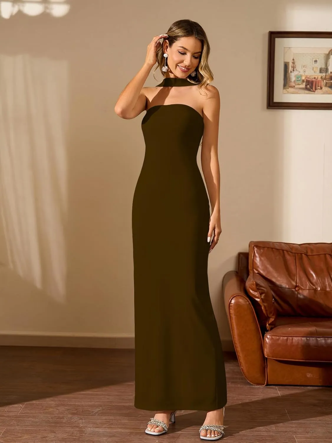HTZMO Women Elegant Summer Bodycon Maxi Dress Halter Neck Formal Wedding Guest Cocktail Party Long Dresses