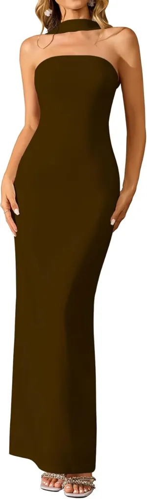 HTZMO Women Elegant Summer Bodycon Maxi Dress Halter Neck Formal Wedding Guest Cocktail Party Long Dresses
