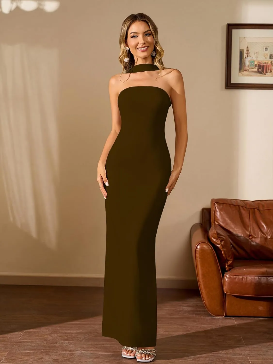 HTZMO Women Elegant Summer Bodycon Maxi Dress Halter Neck Formal Wedding Guest Cocktail Party Long Dresses