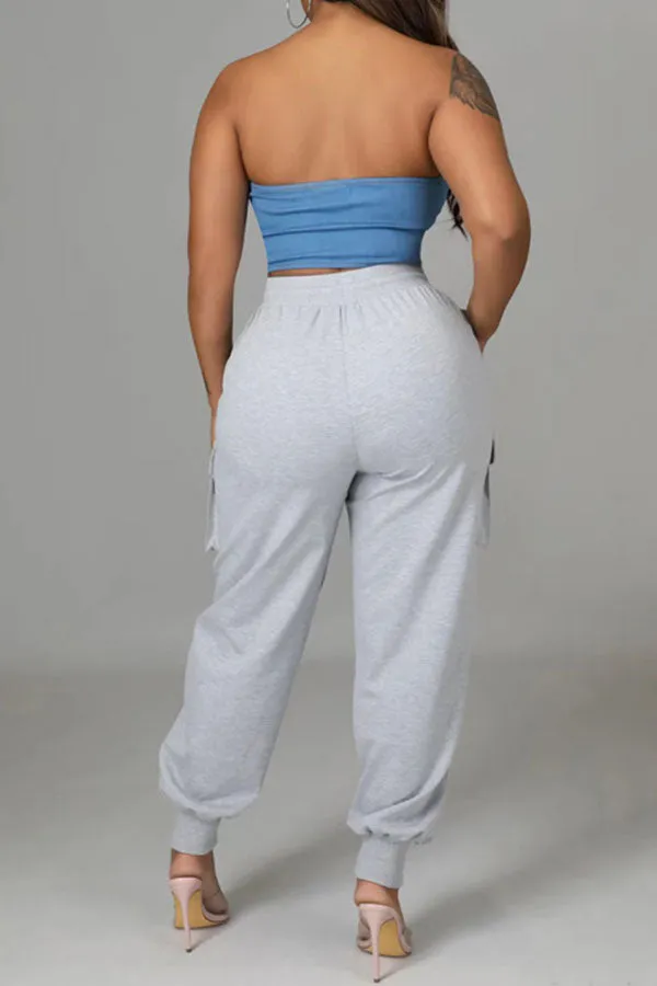 hulianfu Denim Patchwork Sporty Pocket Design Pant Suit