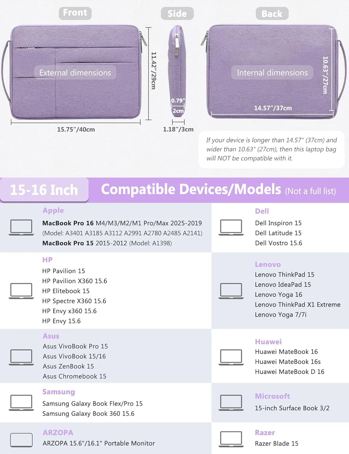 HYZUO 15-16 Inch Laptop Sleeve Bag for MacBook Pro 16 M4/M3/M2/M1 2025-2019, 15" Surface Book, Portable NoteBook Case for 15" 15.6" HP Dell Lenovo ThinkBook Asus Acer Samsung HUAWEI, Lilac Purple