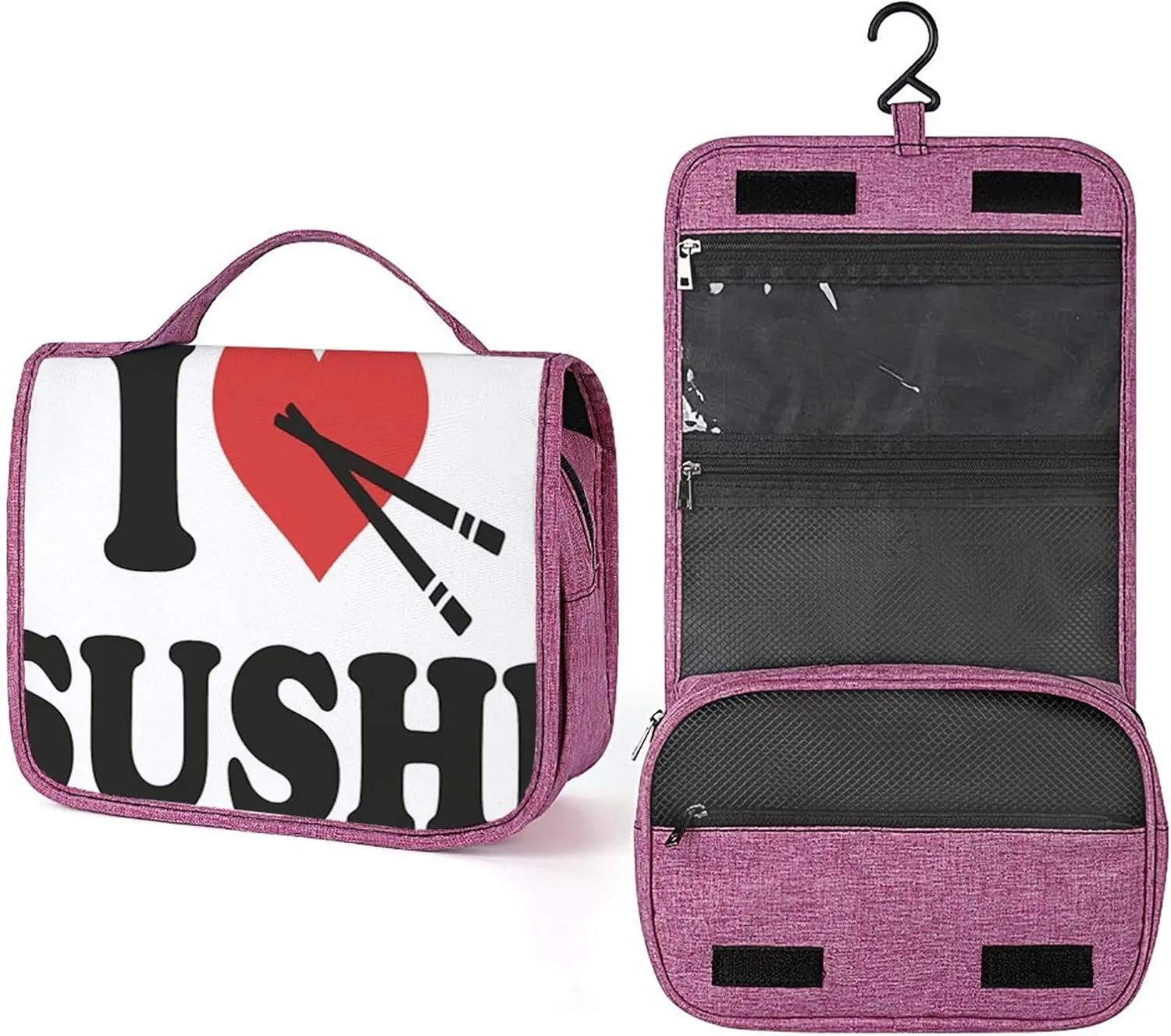 I Love Sushi,Toiletry Bag Travel Bag with Hanging Hook,I Love Sushi,Water-resistant Makeup Cosmetic Bag Organizer for Accessories, Shampoo, Full-size Container,Toiletries,Black Red