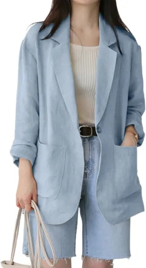 IDEALSANXUN Womens Linen Blazer Casual Long Sleeve Lightweight Spring Summer Jackets