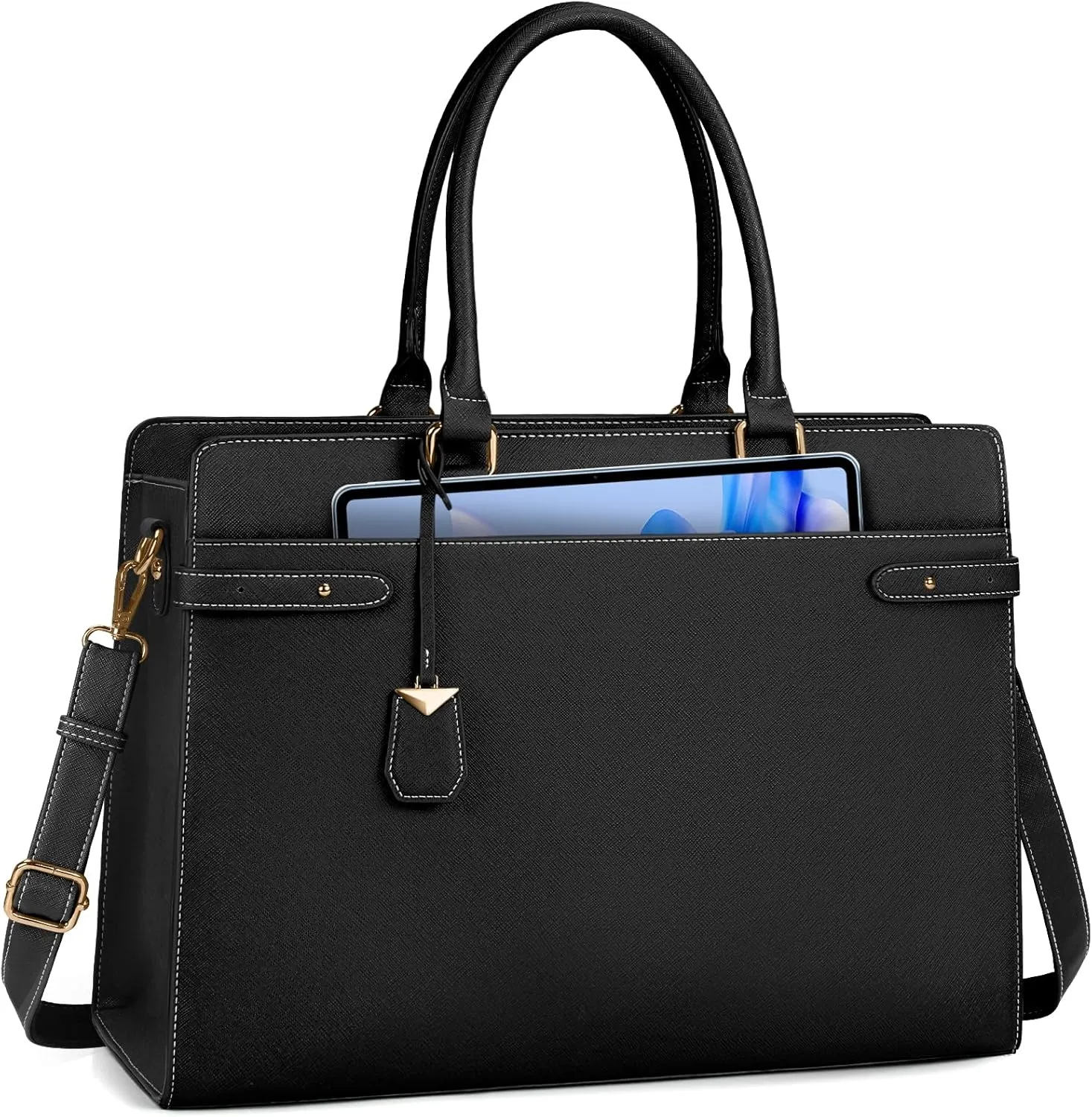 IGOLUMON Laptop Bag for Women 15.6 Inch Leather Tote Bag Professional Work Bag Waterproof Computer Briefcase Large Capacity Handbag Shoulder, Black
