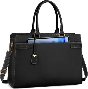 IGOLUMON Laptop Bag for Women 15.6 Inch Leather Tote Bag Professional Work Bag Waterproof Computer Briefcase Large Capacity Handbag Shoulder, Black