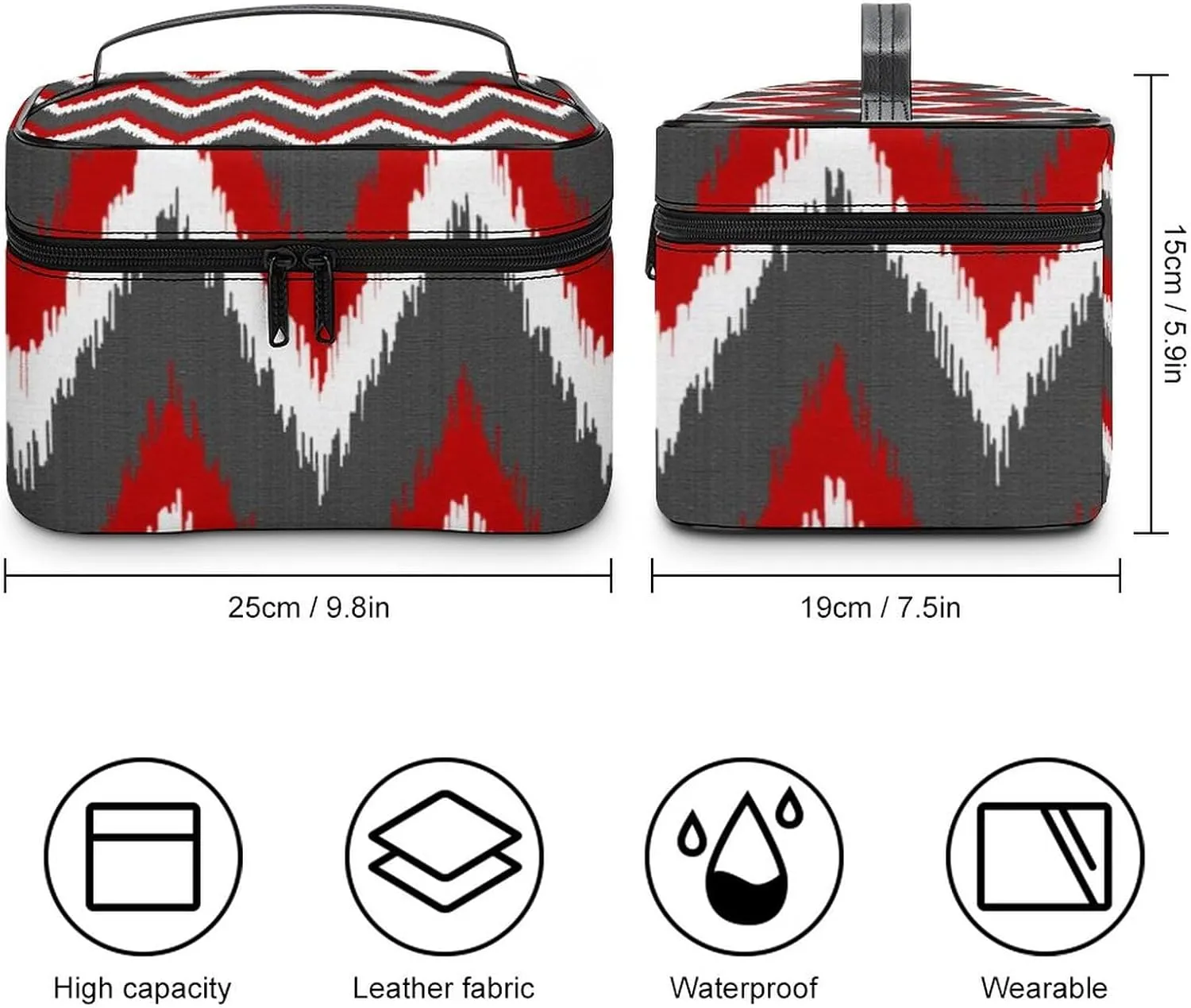 Ikat Chevron Stripes - Red, White and Grey Gray Cosmetic Bag, Travel Portable Makeup Bag for Purse Pouch Beauty Zipper Organizer Toiletry Bag for Women