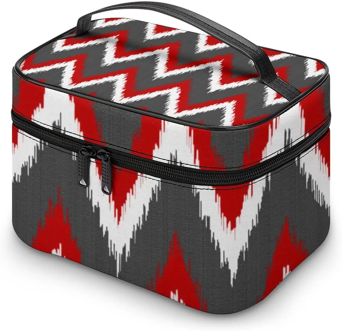 Ikat Chevron Stripes - Red, White and Grey Gray Cosmetic Bag, Travel Portable Makeup Bag for Purse Pouch Beauty Zipper Organizer Toiletry Bag for Women