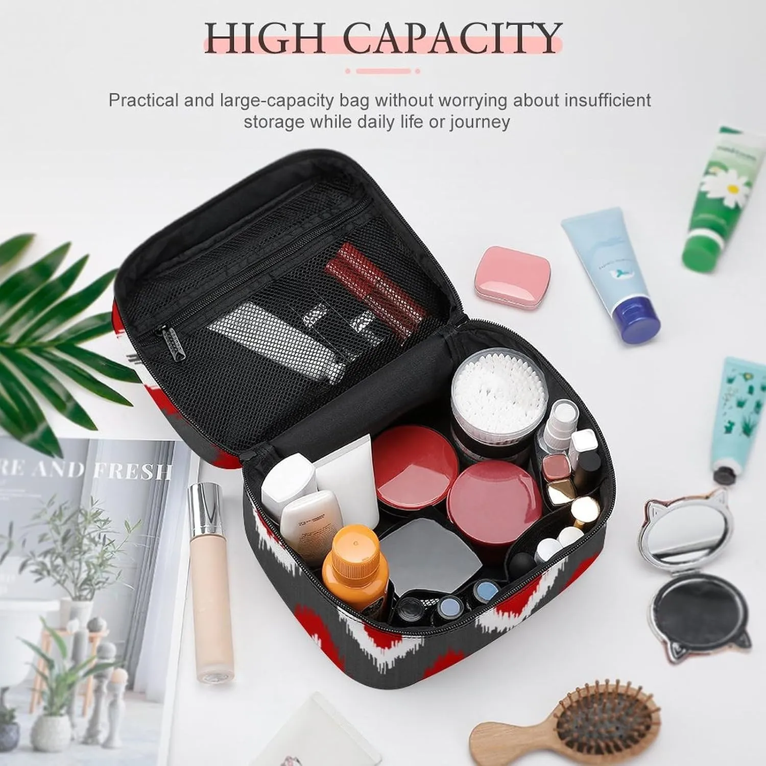 Ikat Chevron Stripes - Red, White and Grey Gray Cosmetic Bag, Travel Portable Makeup Bag for Purse Pouch Beauty Zipper Organizer Toiletry Bag for Women