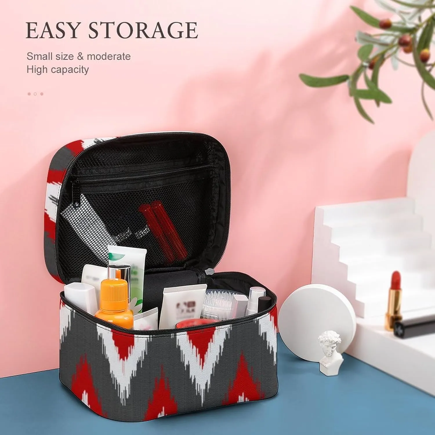 Ikat Chevron Stripes - Red, White and Grey Gray Cosmetic Bag, Travel Portable Makeup Bag for Purse Pouch Beauty Zipper Organizer Toiletry Bag for Women