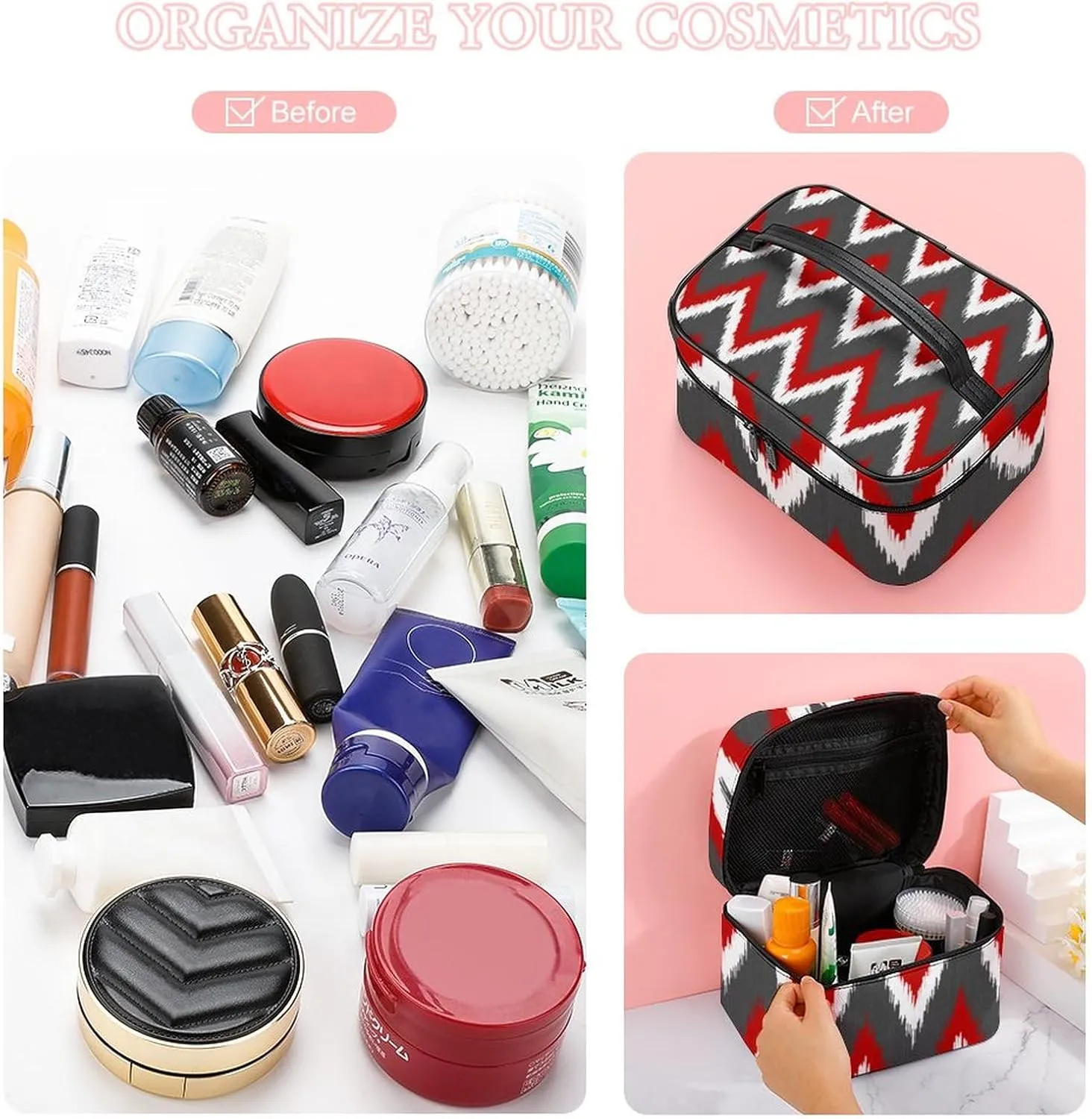 Ikat Chevron Stripes - Red, White and Grey Gray Cosmetic Bag, Travel Portable Makeup Bag for Purse Pouch Beauty Zipper Organizer Toiletry Bag for Women