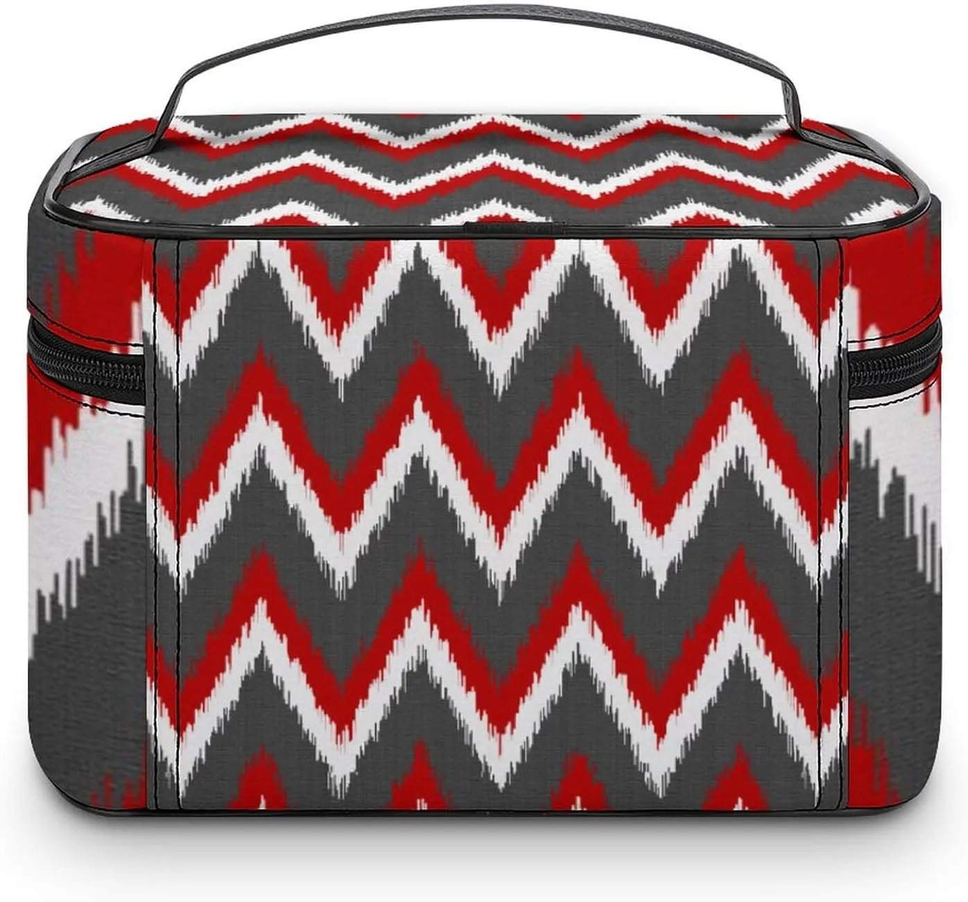 Ikat Chevron Stripes - Red, White and Grey Gray Cosmetic Bag, Travel Portable Makeup Bag for Purse Pouch Beauty Zipper Organizer Toiletry Bag for Women