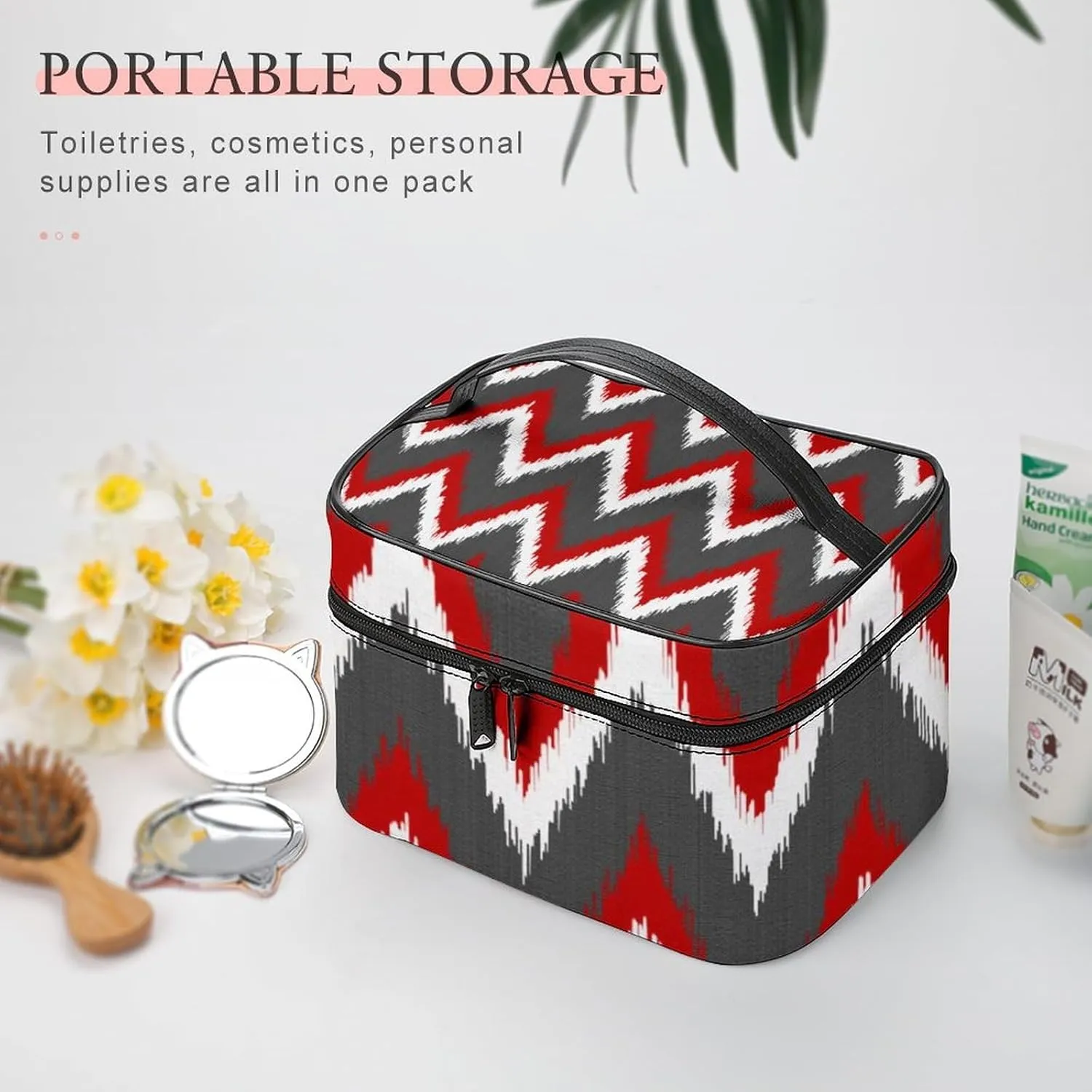 Ikat Chevron Stripes - Red, White and Grey Gray Cosmetic Bag, Travel Portable Makeup Bag for Purse Pouch Beauty Zipper Organizer Toiletry Bag for Women