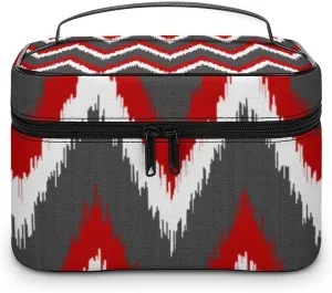 Ikat Chevron Stripes - Red, White and Grey Gray Cosmetic Bag, Travel Portable Makeup Bag for Purse Pouch Beauty Zipper Organizer Toiletry Bag for Women