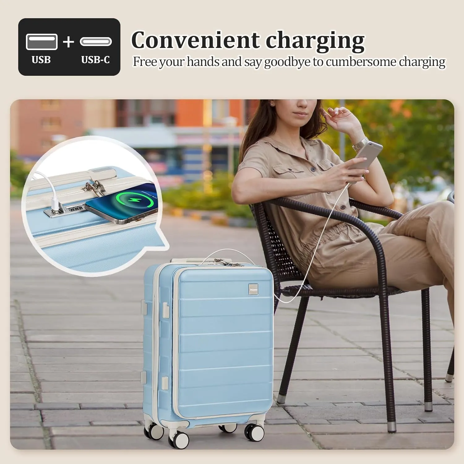 imiomo Carry on Luggage Airline Approved with TSA Lock, Hard Shell 20 Inch Travel Carry-on Suitcase with Spinner Wheels and Charging Port, Lightblue
