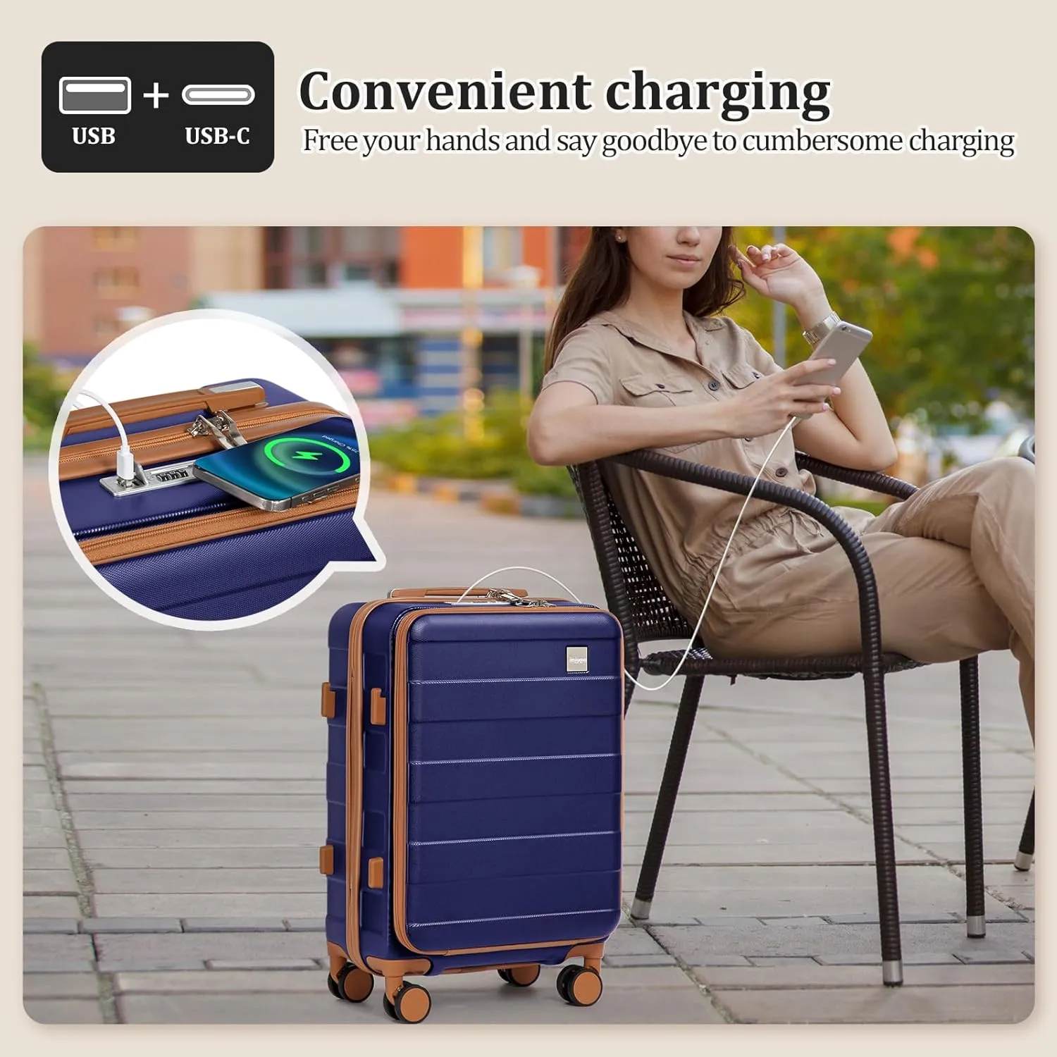 imiomo Carry on Luggage Airline Approved with TSA Lock, Hard Shell 20 Inch Travel Carry-on Suitcase with Spinner Wheels and Charging Port, Navy