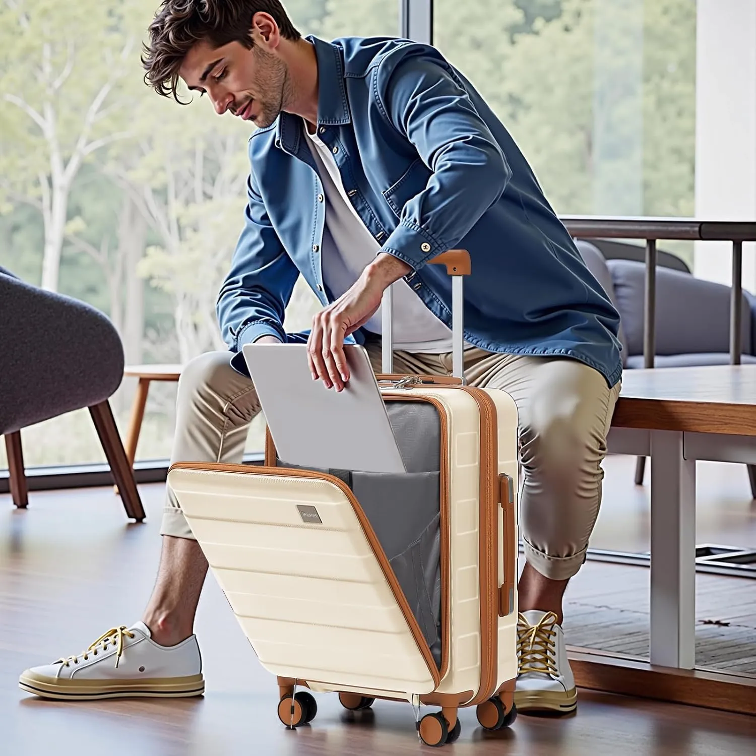imiomo Luggage Sets 2 Piece with Spinner Wheels and Front Open Pocket, Lightweight Hardside Carry on and Check Travel Suitcase Set with TSA Lock and YKK Zipper, 20/24, Beige