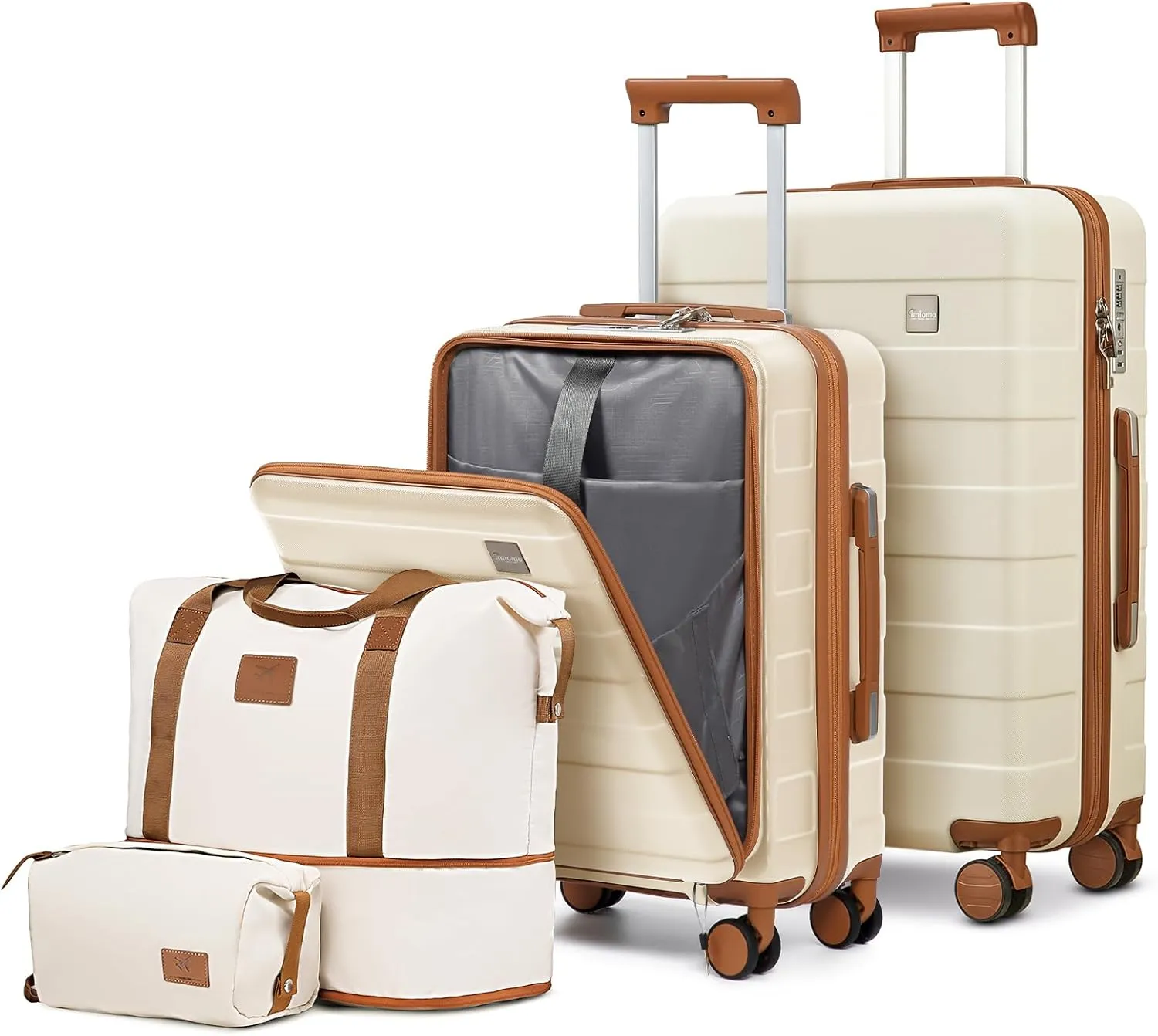 imiomo Luggage Sets 2 Piece with Spinner Wheels and Front Open Pocket, Lightweight Hardside Carry on and Check Travel Suitcase Set with TSA Lock and YKK Zipper, 20/24, Beige