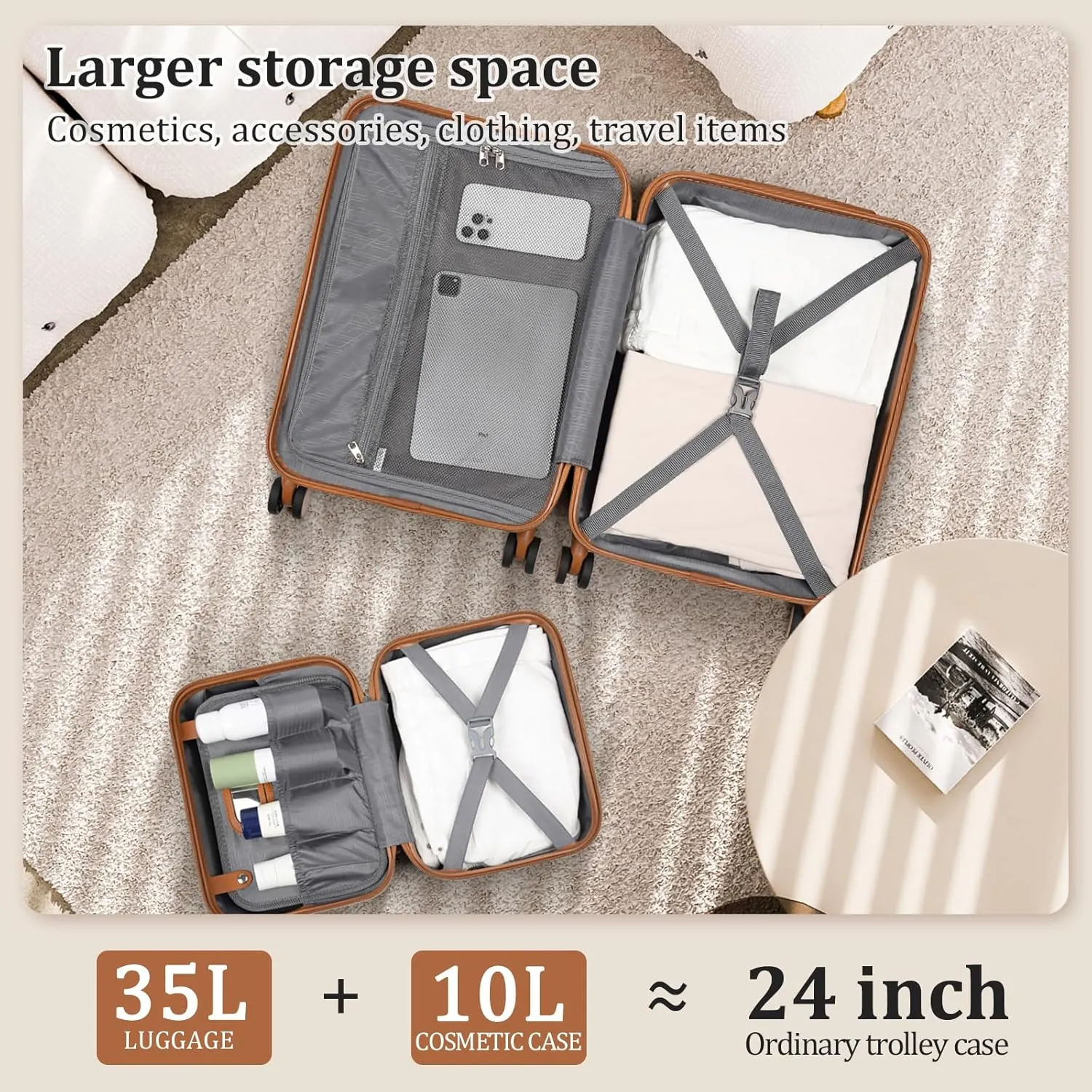 imiomo Luggage Sets 2 Piece with Spinner Wheels and Front Open Pocket, Lightweight Hardside Carry on and Check Travel Suitcase Set with TSA Lock and YKK Zipper, 20/24, Beige