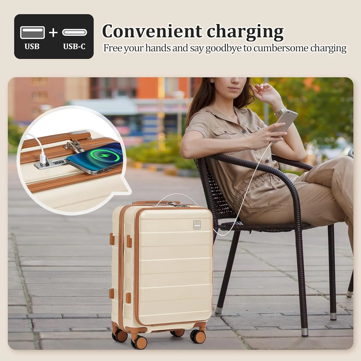 imiomo Luggage Sets 2 Piece with Spinner Wheels and Front Open Pocket, Lightweight Hardside Carry on and Check Travel Suitcase Set with TSA Lock and YKK Zipper, 20/24, Beige