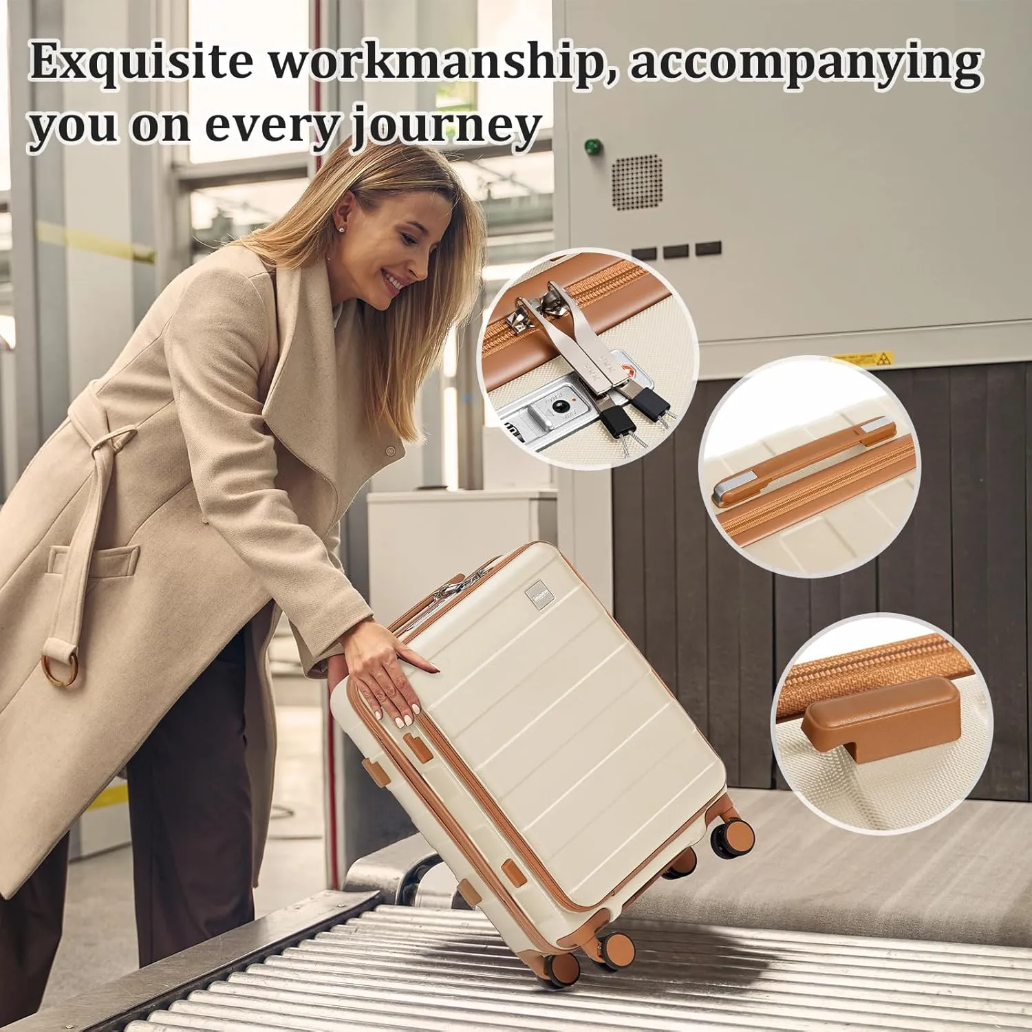 imiomo Luggage Sets 2 Piece with Spinner Wheels and Front Open Pocket, Lightweight Hardside Carry on and Check Travel Suitcase Set with TSA Lock and YKK Zipper, 20/24, Beige